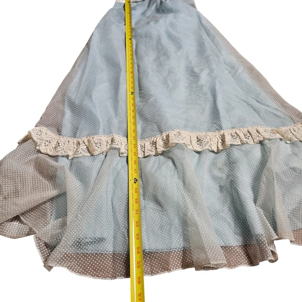 VTG Prairie Dress Sheer Mesh Overlay  7 Bany‎ Blue Lace Trim 1970s Cottagecore